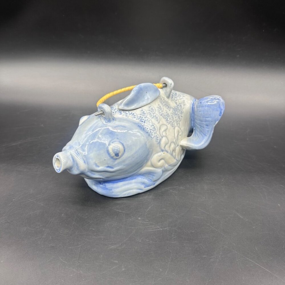 Vintage Koi Fish Teapot Blue White Ceramic Kitschy Kitchen Hand Painted Nautical